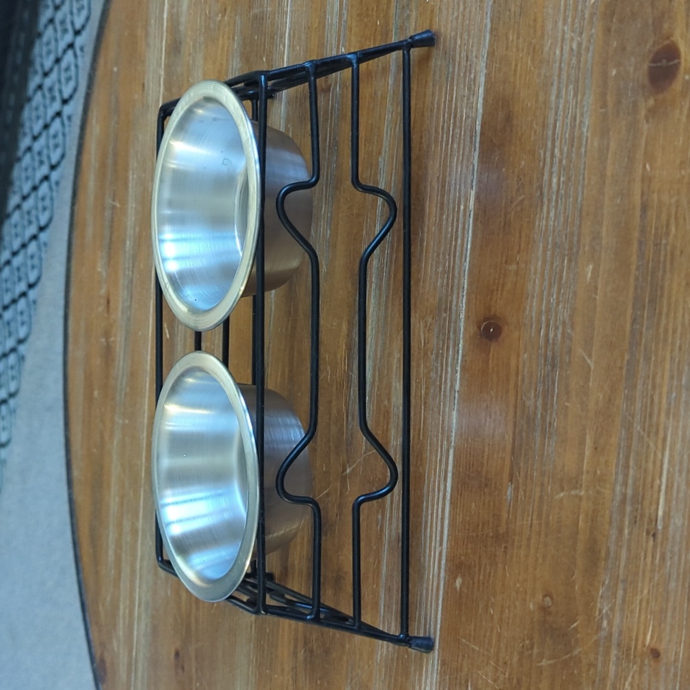 Black Metal Pet Bowl Stand with Silver Bowls